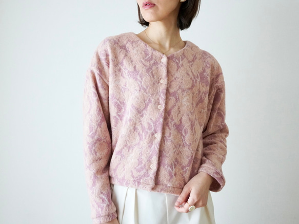 JACQUARD KNIT カーディガン　pink×salmon 1枚目の画像