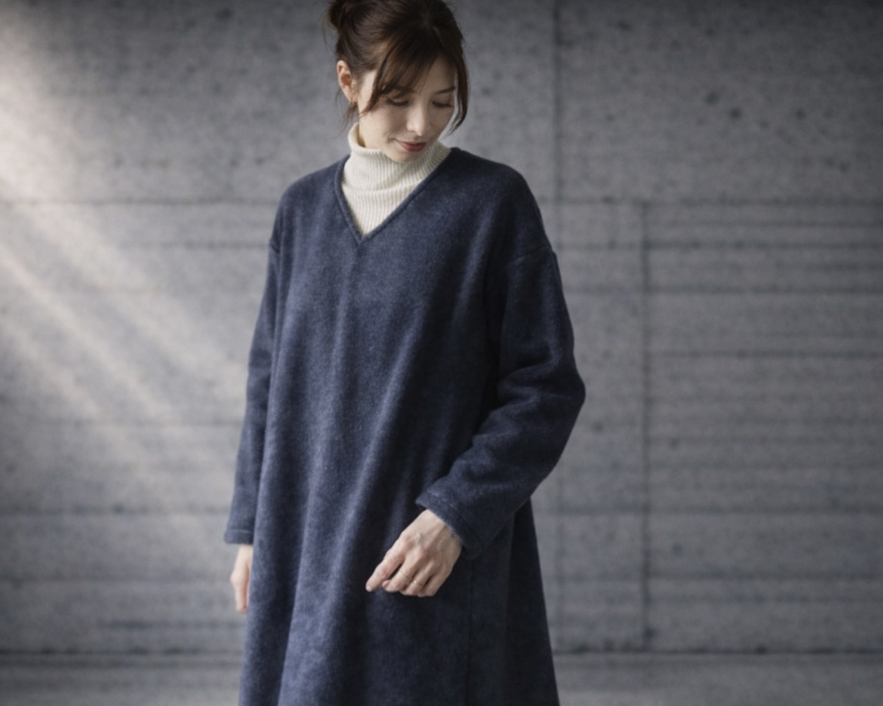 高級メルトンフリースリラックスワンピース／メルトンフリースワンピース／モコモコルームウェア／ネイビー