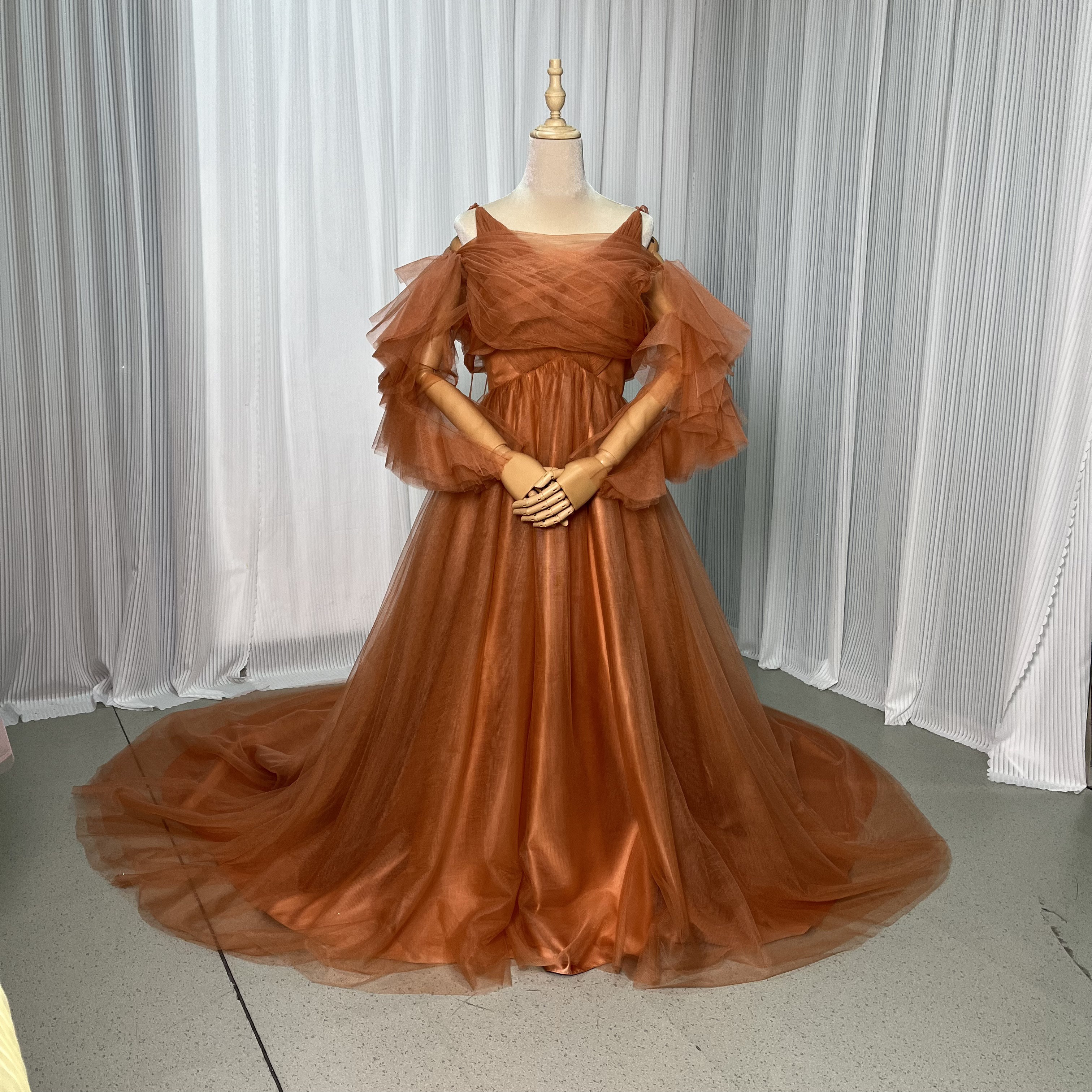送料無料！パーティードレス ツーピース トップス+スカート テラコッタ色 キャミソール ソフトチュール 前撮り 結婚式