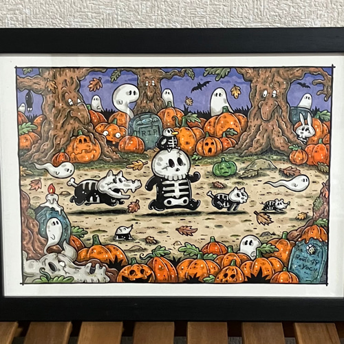ハロウィン行進】ガイコツ イラスト アート 原画 イラスト yoc 通販