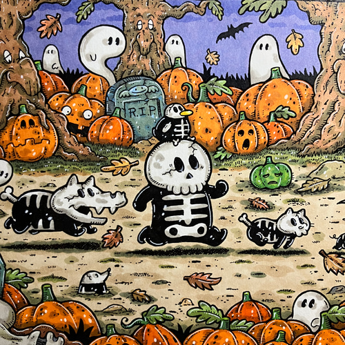 ハロウィン行進】ガイコツ イラスト アート 原画 イラスト yoc 通販