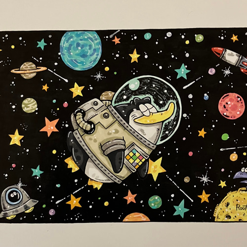 ペンギン宇宙まで飛ぶ】イラスト アート 原画 イラスト yoc 通販