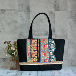 A4サイズ収納可能！美しいインド刺繍リボンのトートバッグ【L