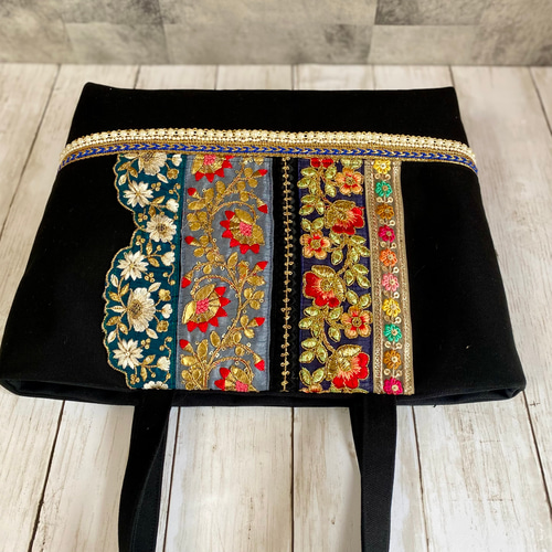 A4サイズ収納可能！美しいインド刺繍リボンのトートバッグ【Lサイズ