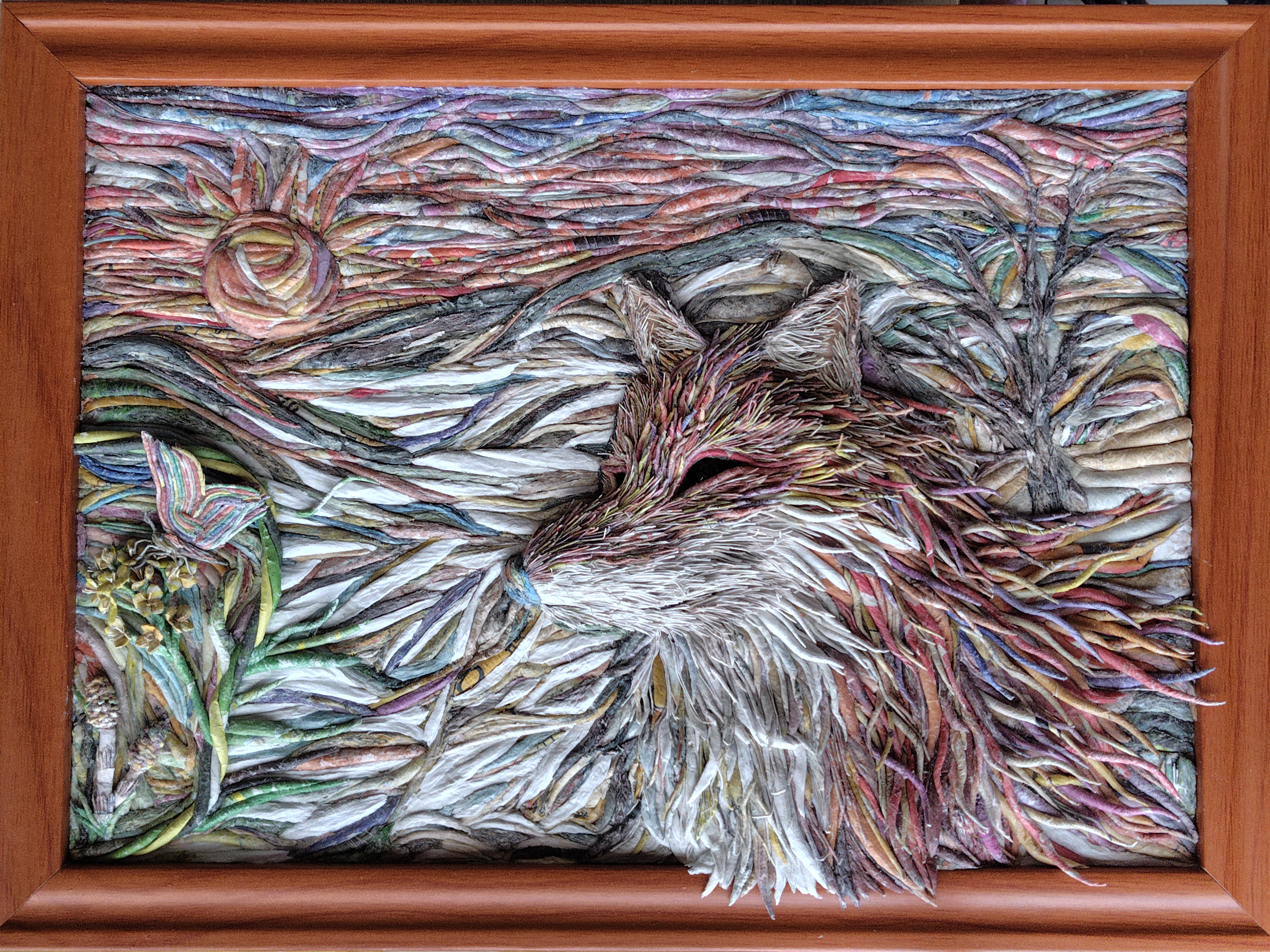 一点物，新聞紙立体アート「春待つ、狐神」