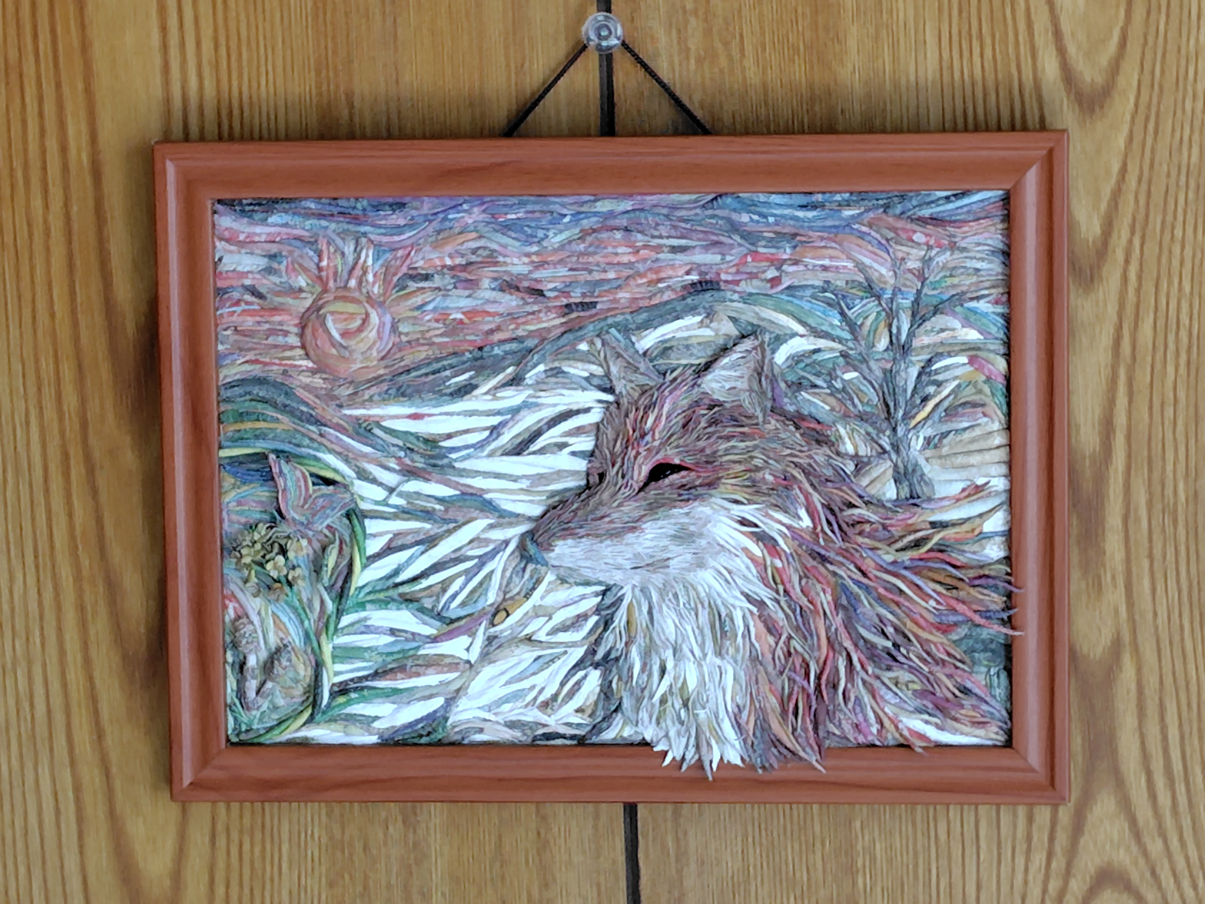 一点物，新聞紙立体アート「春待つ、狐神」