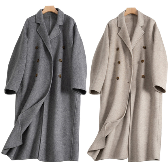 ウール＊シルク混紡ロングコート ウールロングコート ベージュとグレー  