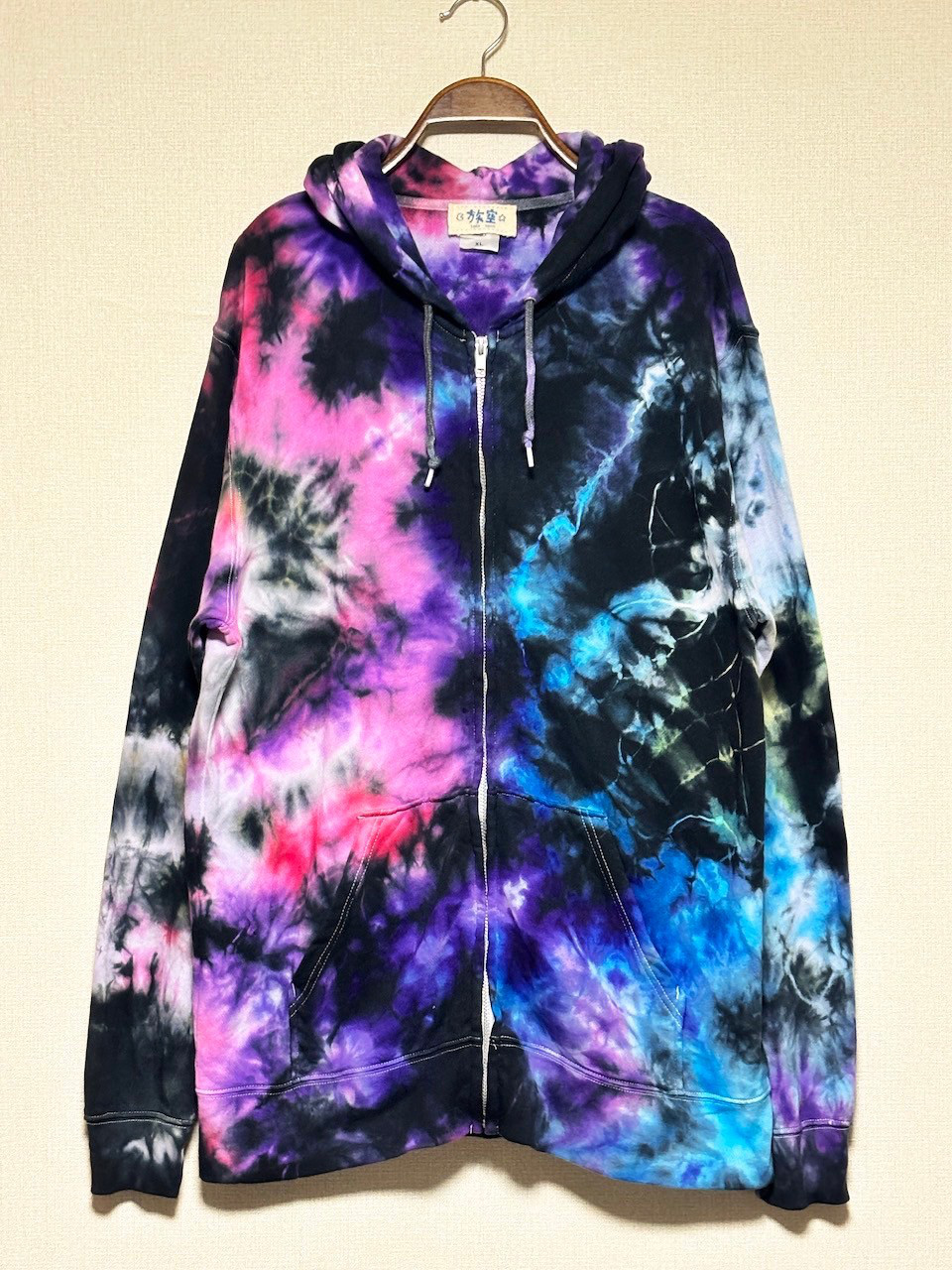 タイダイ染め　フーディ　ジップアップ　パーカー ブラック×カラフル　XLサイズ HD23-05