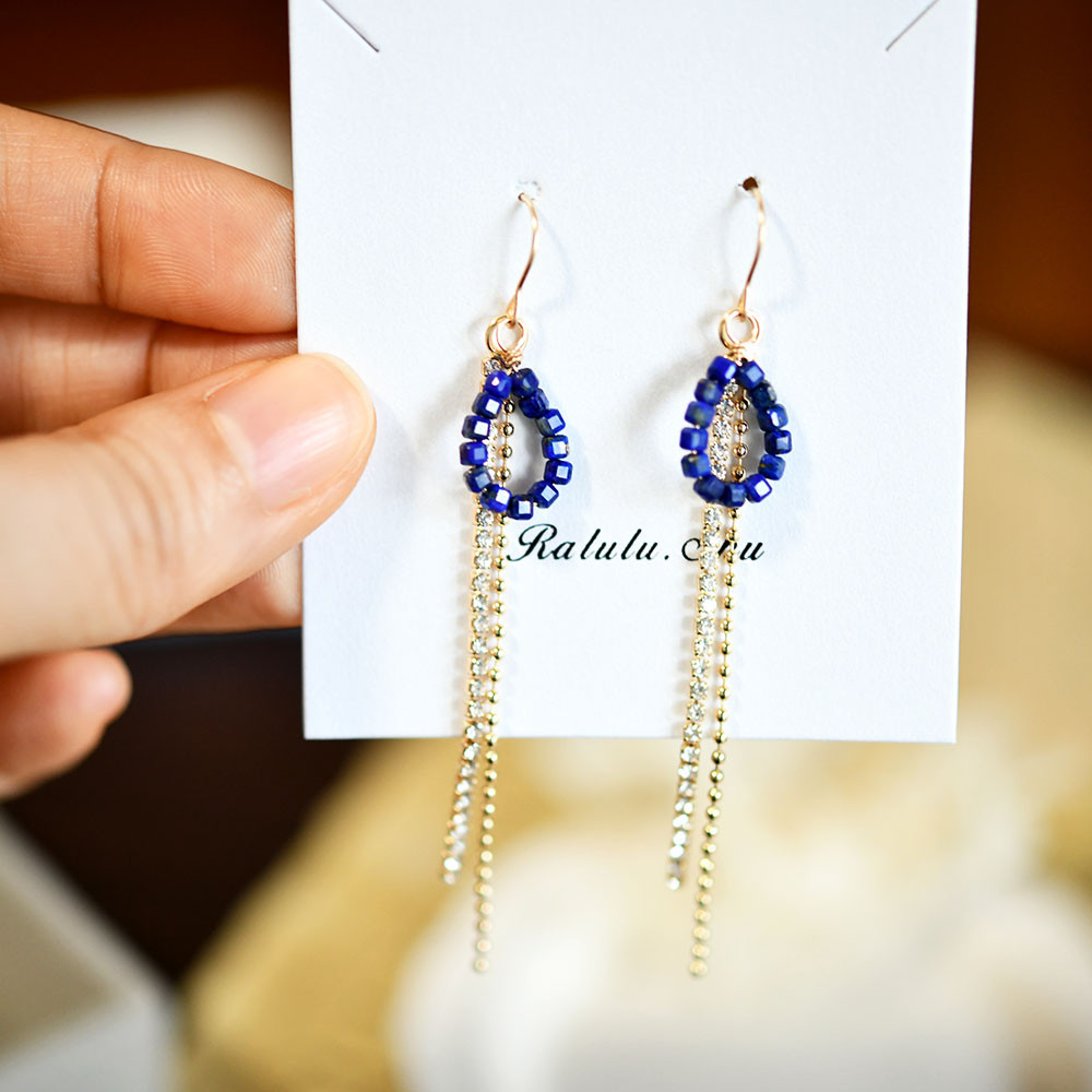 オリジナル ラピスラズリとジルコニアのロングチェーンピアス 12月誕生石　幸運成功運UP