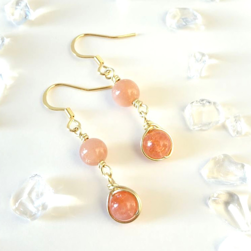 人気作品】天然石ピアス サンストーン オレンジムーンストーン