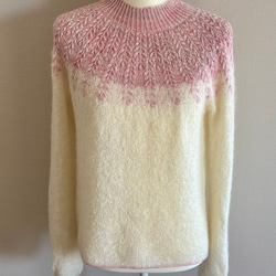 手編み 花柄ツートンセーター (ピンク&クリーム) 2枚目の画像