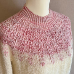 手編み 花柄ツートンセーター (ピンク&クリーム) 6枚目の画像