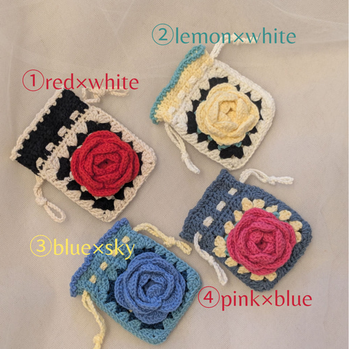 バラのかぎ編みポーチ 1 / コットン ハンドメイド かぎ針編み フラワー