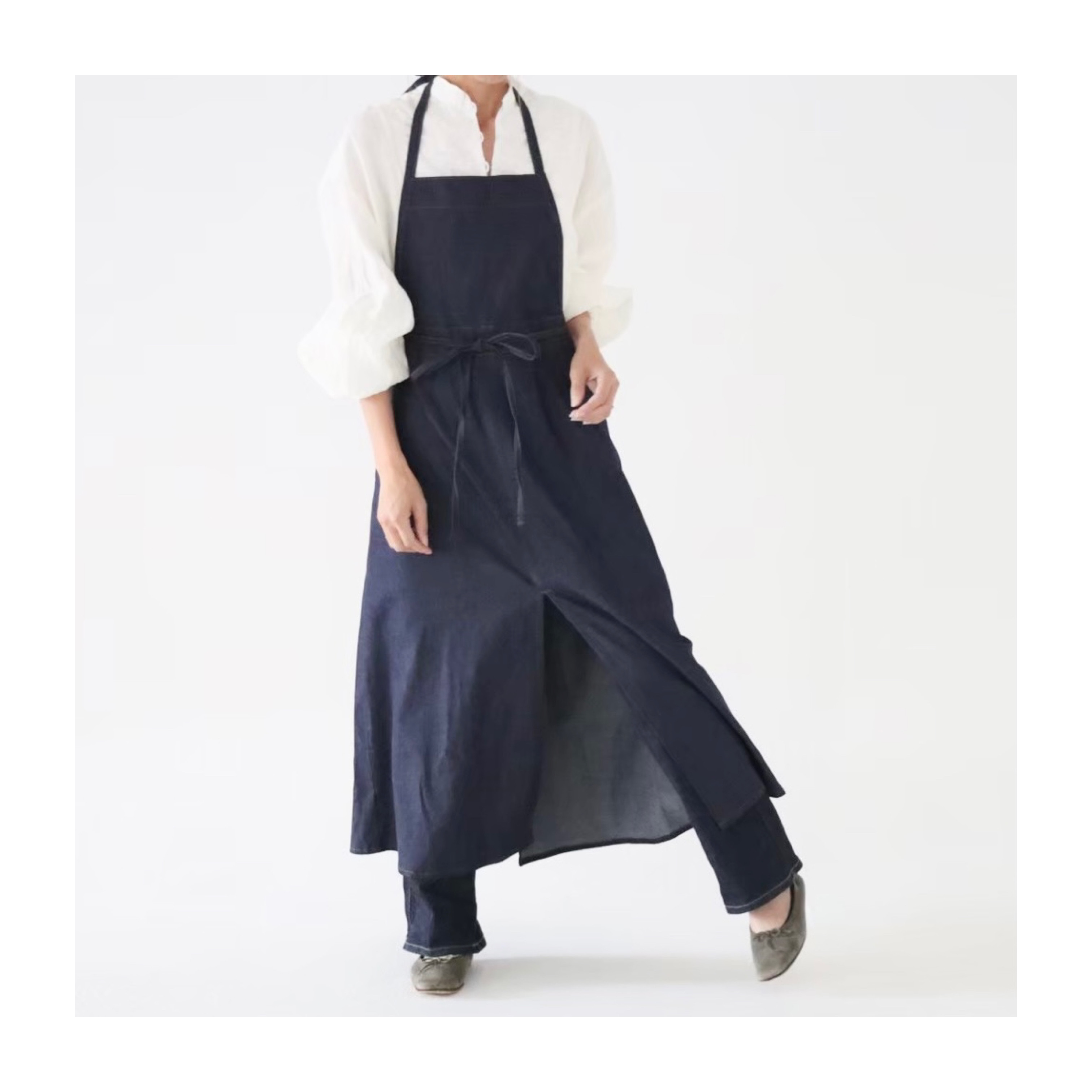 岡山児島デニムで仕立てた、前スリット美シルエットライトオンスソフトデニムエプロンドレス／エプロンワンピース／インディゴ