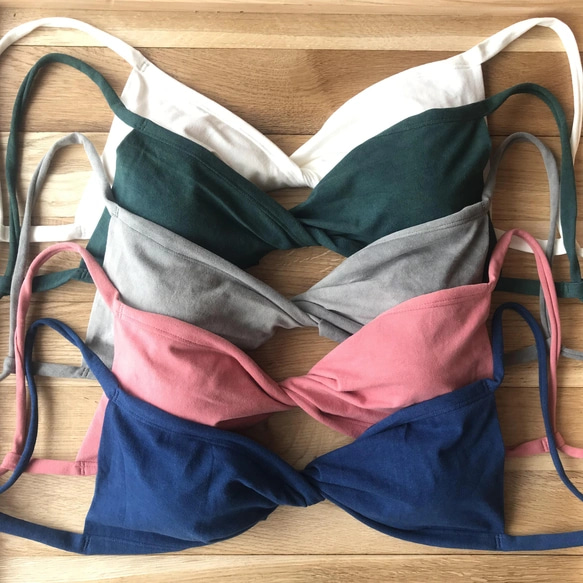 【藍、槐】草木染めブラ　オーガニックコットン　femcare　しめつけない　綿　ブラ　ヨガ　リラックス　見えてもかわいい 9枚目の画像