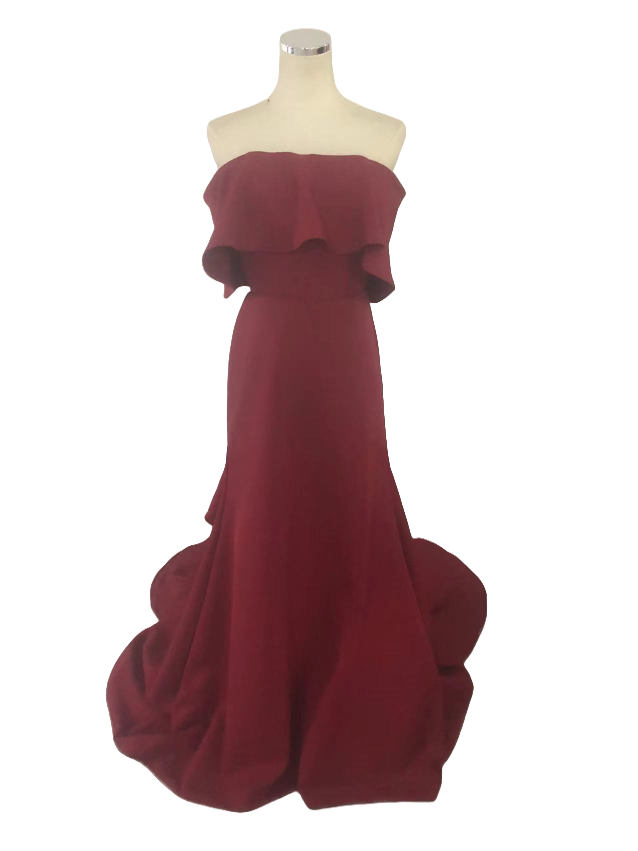 パーティードレス ワインレッド ベアトップ 編み上げ 華やかなトレーン ラッフルフリル 前撮り