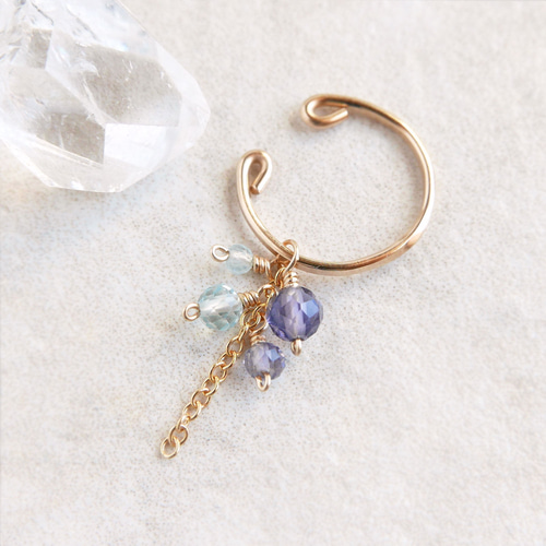 アイオライト、アクアマリン 小粒とチェーンの揺れるイヤーカフ 14kgf