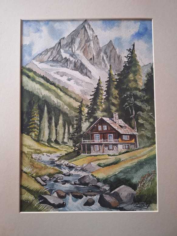 水彩画 絶景かな…山小屋 絵画 makochin 通販 18729379｜Creema