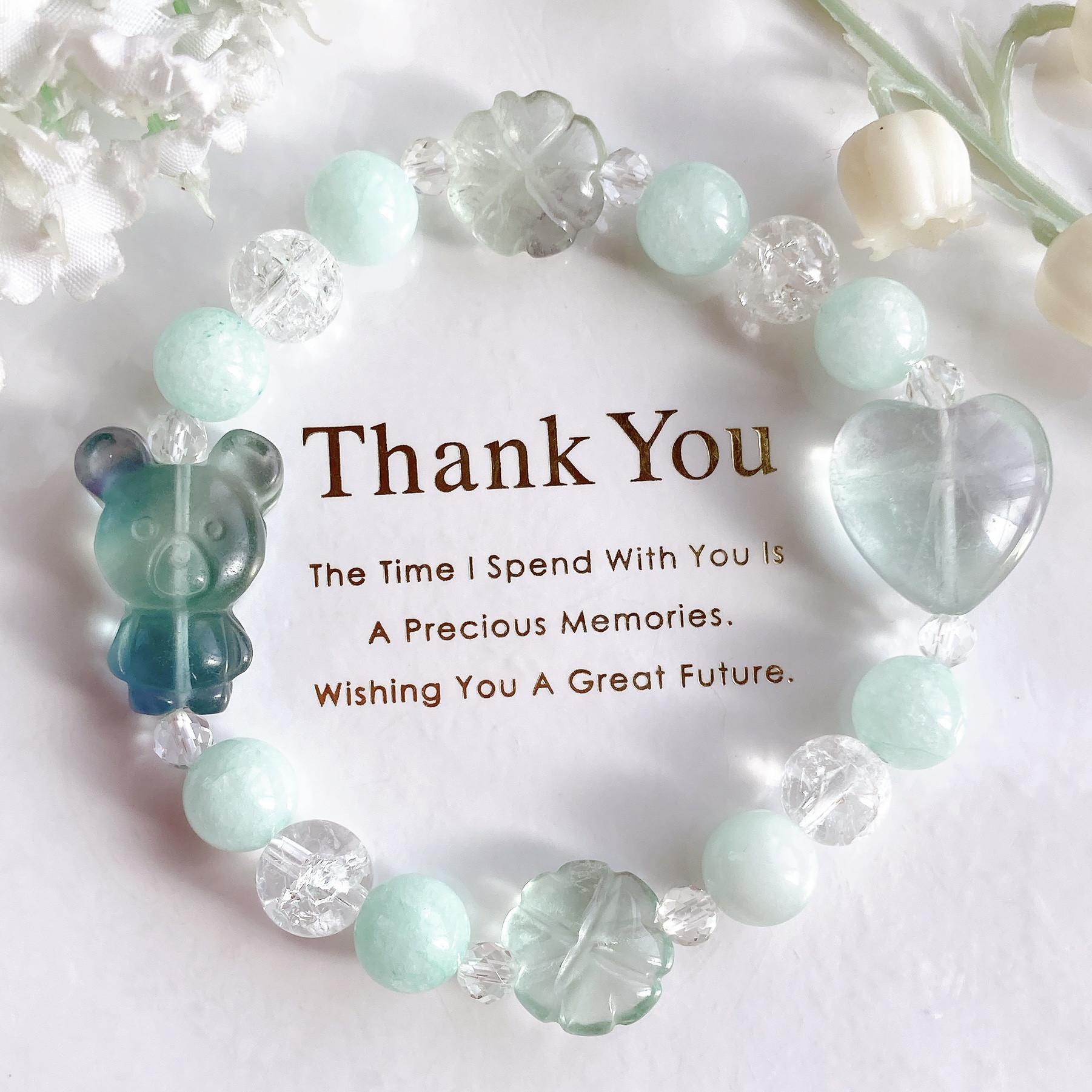 フローライトくまちゃんクローバーハート天然石ブレスレット