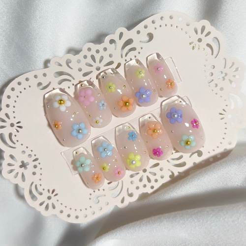 お花ネイル 先端クリア カラフル ヌーディー 自爪感 ネイルチップ
