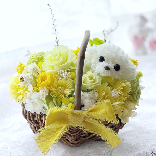 お写真に似せて作るワンちゃん猫ちゃんの花カゴ《イエロー》【受注制作