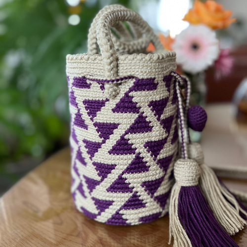 バイカラーのショルダーバッグ〈M〉☆beige & purple 変形