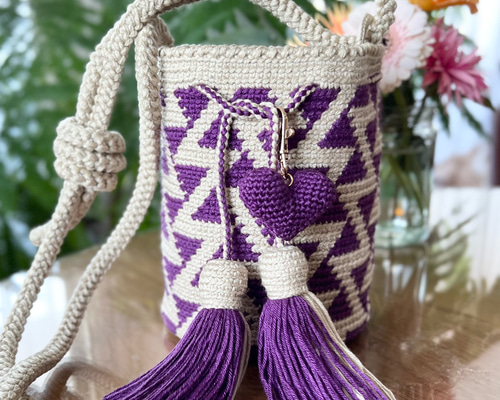 バイカラーのショルダーバッグ〈M〉☆beige & purple 変形