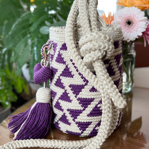 バイカラーのショルダーバッグ〈M〉☆beige & purple 変形