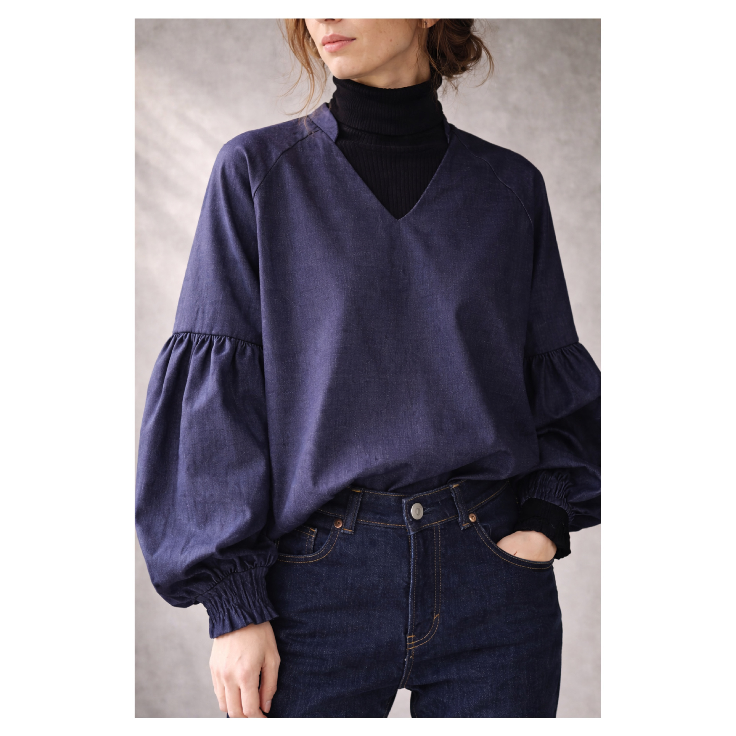 岡山県児島デニムギャザーバルーンスリーブデザインブラウス／8オンスソフトデニムブラウス／インディゴ