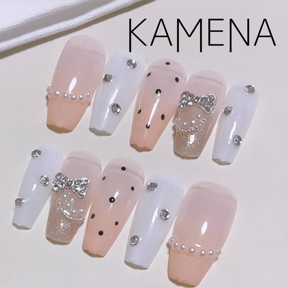 ネイルチップ ワンホン リボン ビジュー グラデ 1_2fb602a7-5990-425e-8804-