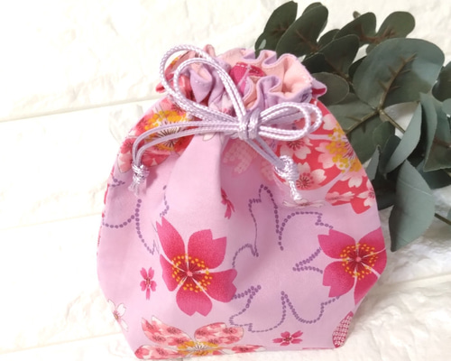 マチ付き》和柄・大きな桜の巾着ポーチ ＃n1163 巾着袋 natura-drop
