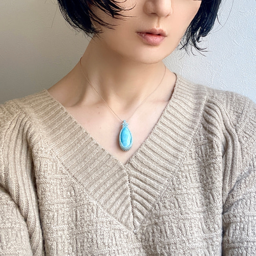 極上ラリマーマクラメネックレス☆ 輝きのひと粒♪極上ラリマーの天然石マクラメ編みネックレス