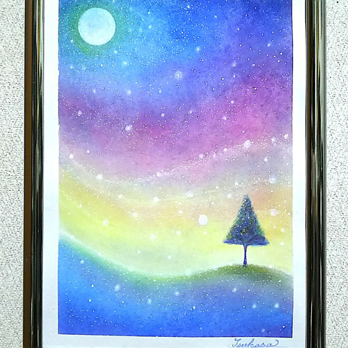 A4サイズ】パステルアート 3色による星空のカーテン パステル画