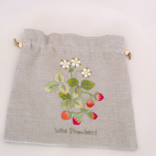 手刺繍】巾着袋 フランス刺繍 ワイルドストロベリー 麻 巾着袋