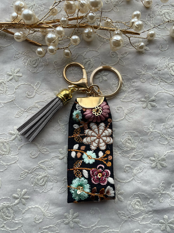 インド刺繍リボン キーホルダー キーリング バッグチャーム マルチ