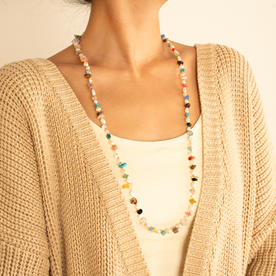 【1点限り】淡水パール・カラフル天然石 2way ロングネックレス/76cm