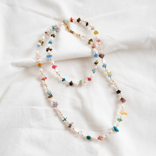 1点限り】淡水パール・カラフル天然石 2way ロングネックレス/76cm