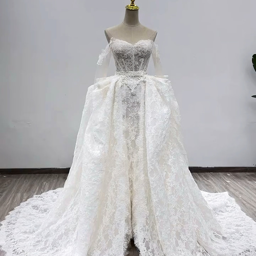 優雅！ウェディングドレス 贅沢な総レース オフショルダー シースルー