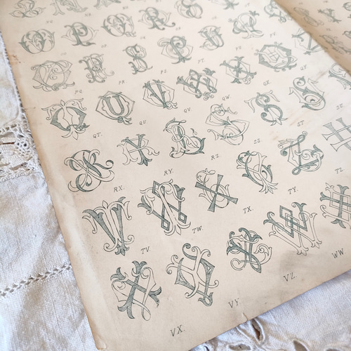 フランスアンティークイニシャル刺繍図案 H.V.からZ.Z. 編み図