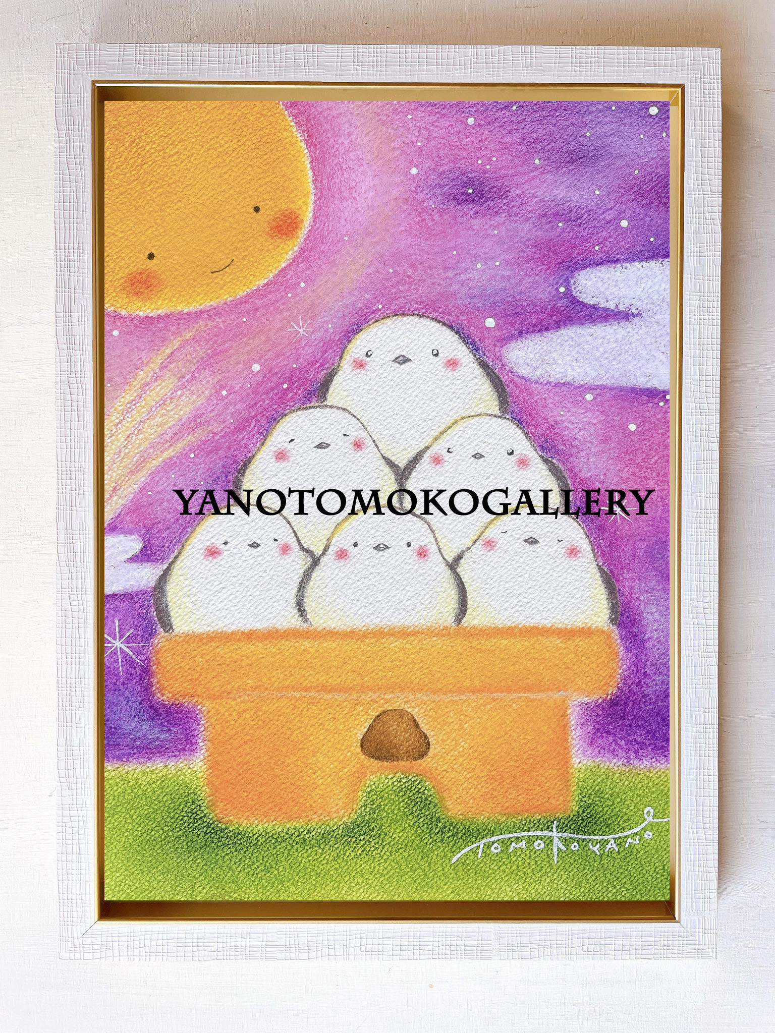 お月見　シマエナガの絵 元気のでる絵 可愛い  癒し ヒーリングアート パステル画 ホスピタルアート  【Ａ4フレーム】