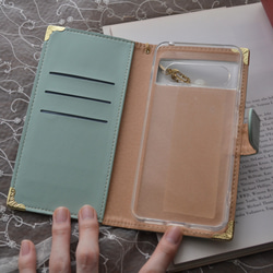 レア機種にも対応！手帳型スマホケース『うさぎとミントグリーンの庭 』milky white flowers全機種注文可◎ 6枚目の画像