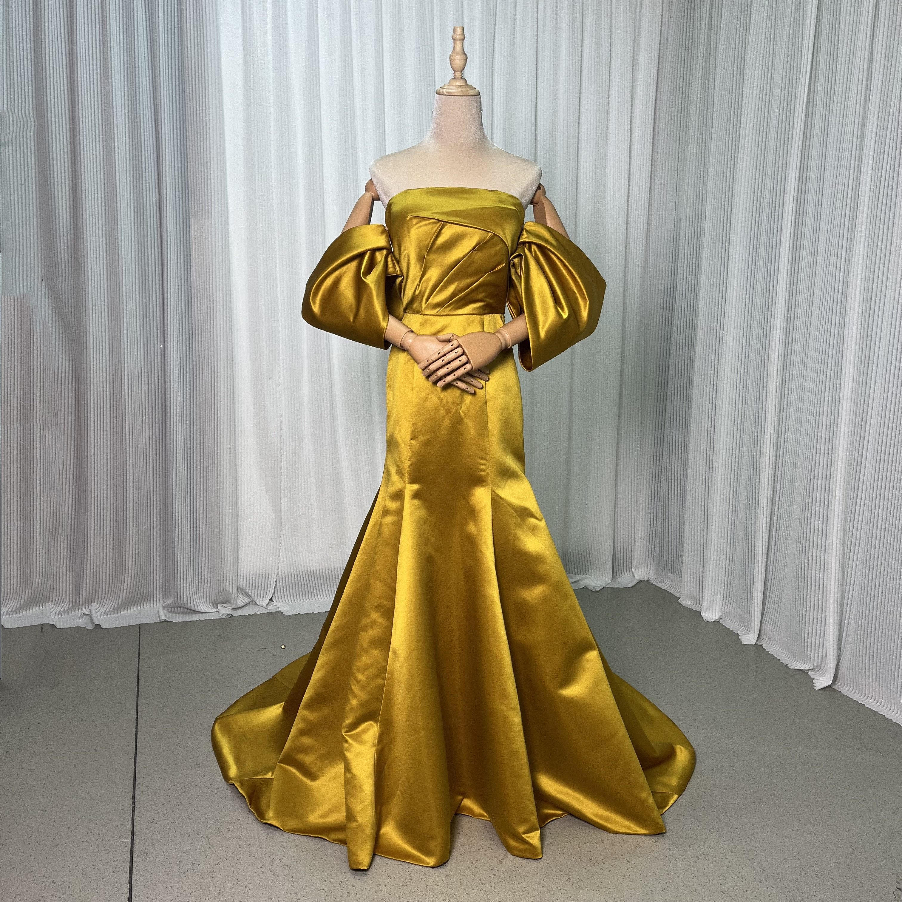 送料無料！カラードレス イエロー スレンダーライン  パフスリーブプ  マーメイドライン