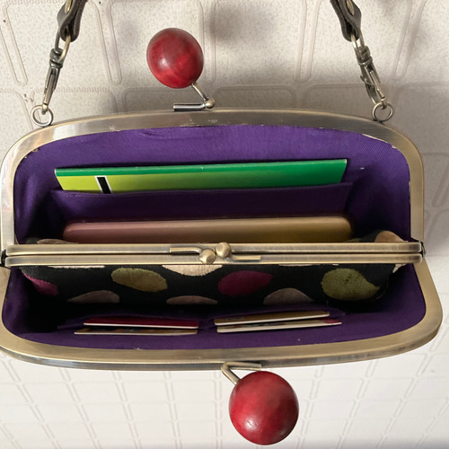 輸入生地 スペイン ドット 大きい木玉親子がま口長財布バッグ がま口