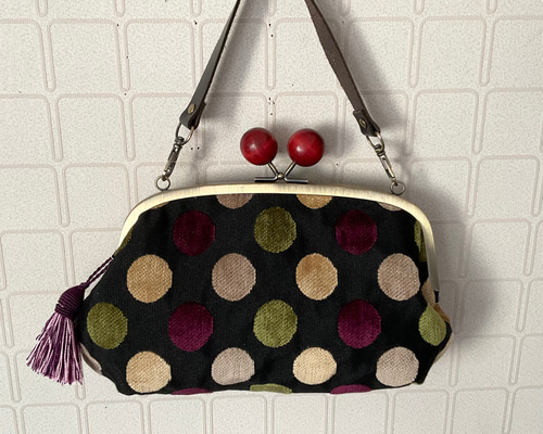 輸入生地 スペイン ドット 大きい木玉親子がま口長財布バッグ がま口