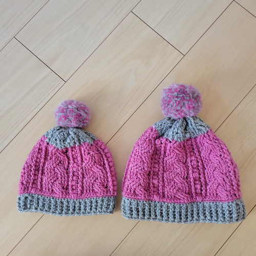 子供用／サイズ展開あり】バイカラーケーブルニット帽(グレー×ピンク