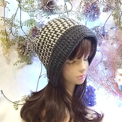 ニット帽 ニットキャップ 帽子 グレー　手編みちどり格子 小顔効果　 4枚目の画像