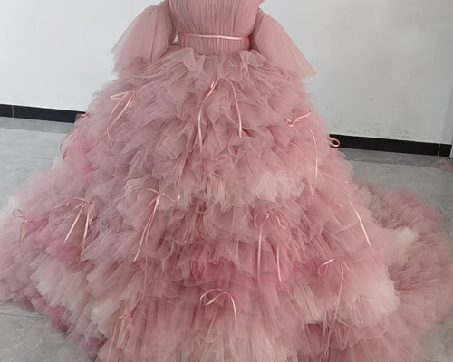 人気上昇！韓国風カラードレス 3色ピンク もこもこチュールドレス