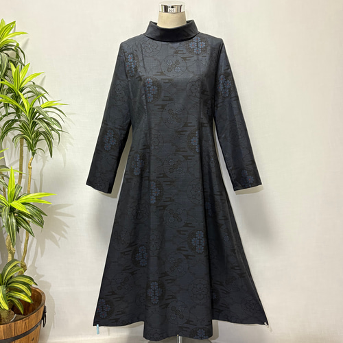 着物リメイク 花柄ワンピース 2WAY Aライン ロング ロールカラー