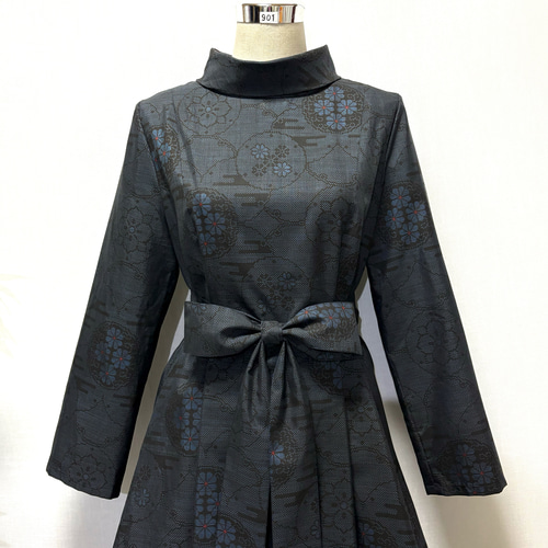 No220大島紬着物リメイク プリンセスライン　ロールカラーワンピ 着物リメイク 花柄ワンピース 2WAY Aライン ロング ロールカラー