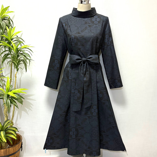 着物リメイク 花柄ワンピース 2WAY Aライン ロールカラー ロング